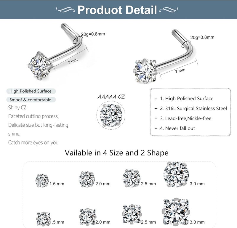 XoCiuKe 10Pcs 20G Nose Rings Studs for Women Corkscrew Sliver Nose Studs Hypoallergenic Nose Rings 316L Surgical Stainless Steel Nose Nostril Percing Jewely for Women Men Round Square CZ Imitation Diamond 1.5mm/2.0mm/2.5mm/3.0mm - Image 1